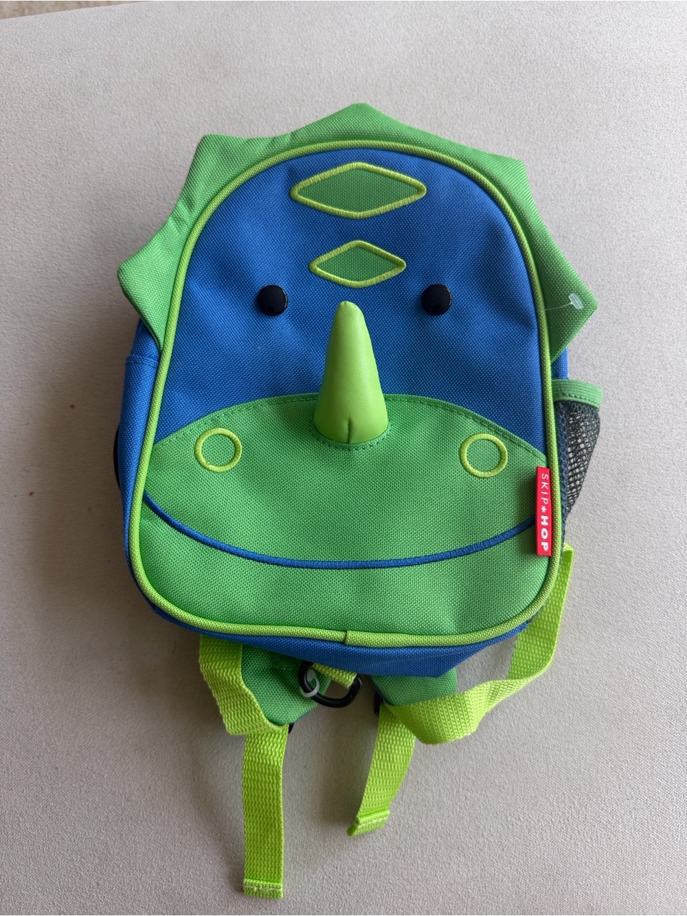 G-tube modified Skip Hop Blue and Lime Green Dino Backpack